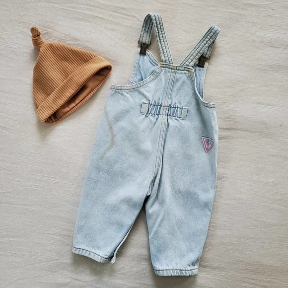 Vintage Guess Leather Patch Clip Overalls 6 months - Picture 8 of 11